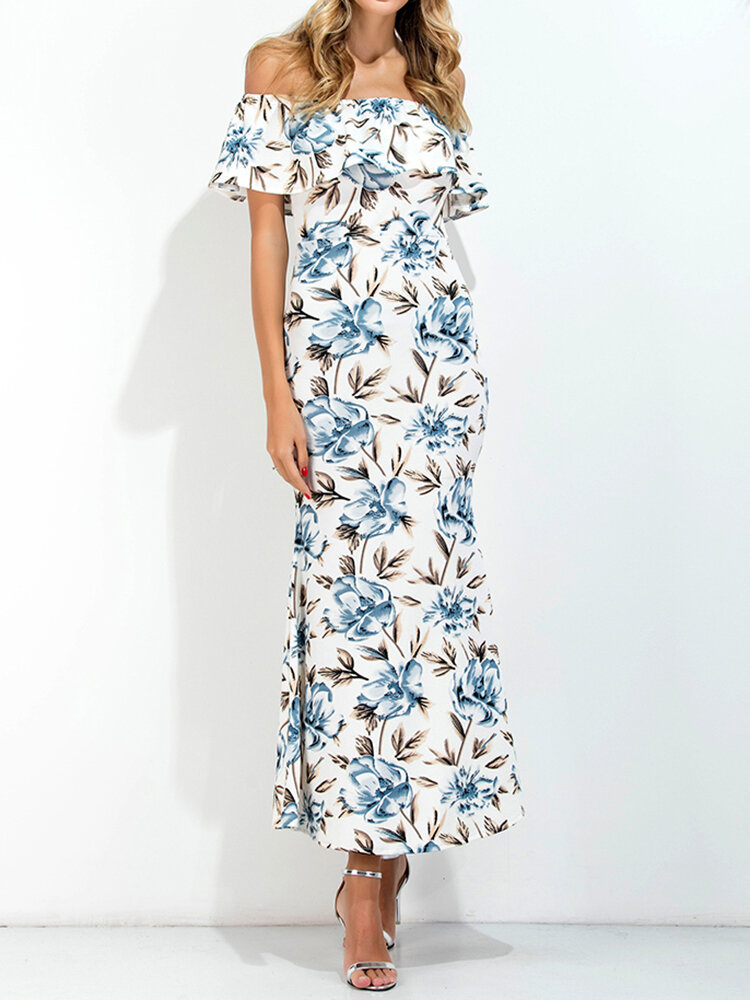 Off-shoulder Floral Print Back Split Maxi Dress For Women