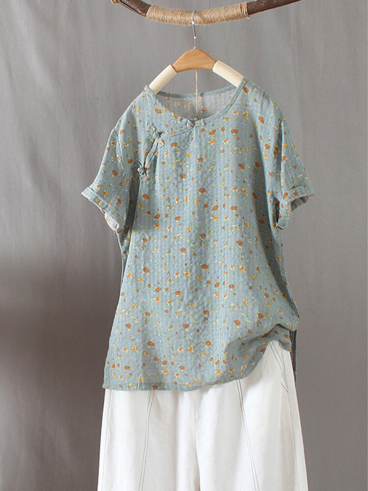 Floral Print Short Sleeve O-neck Frog Button Casual T-shirt