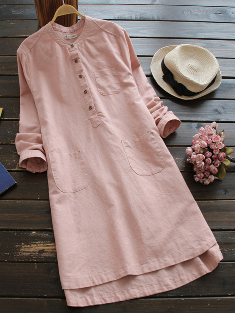 Women Pure Color Buttons Vintage Shirt Mini Dress
