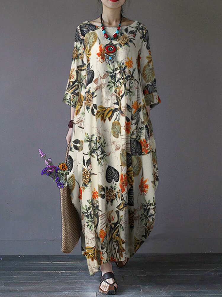 Floral Print Side Pockets O-neck 3/4 Sleeve Cotton Dress