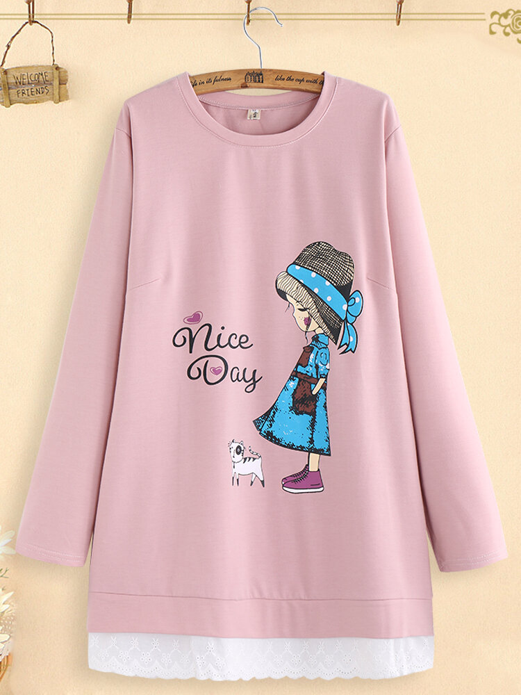 Embroidery Patchwork Cartoon Print Casual Long Sleeve T-shirt