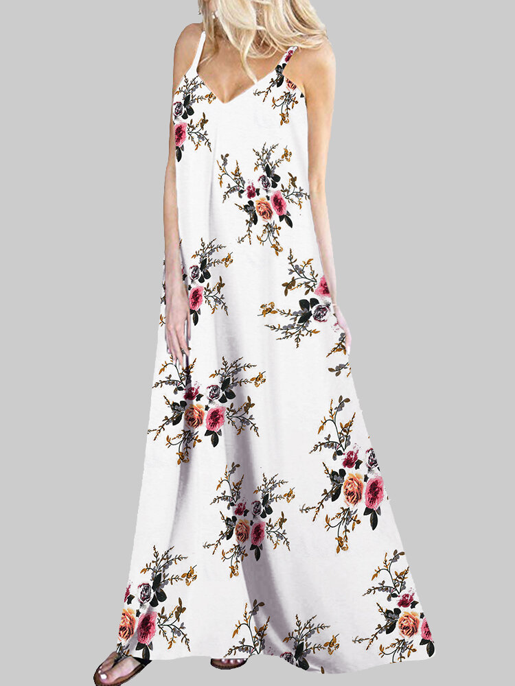 Floral Print Spaghetti Straps V-neck Sleeveless Maxi Dress