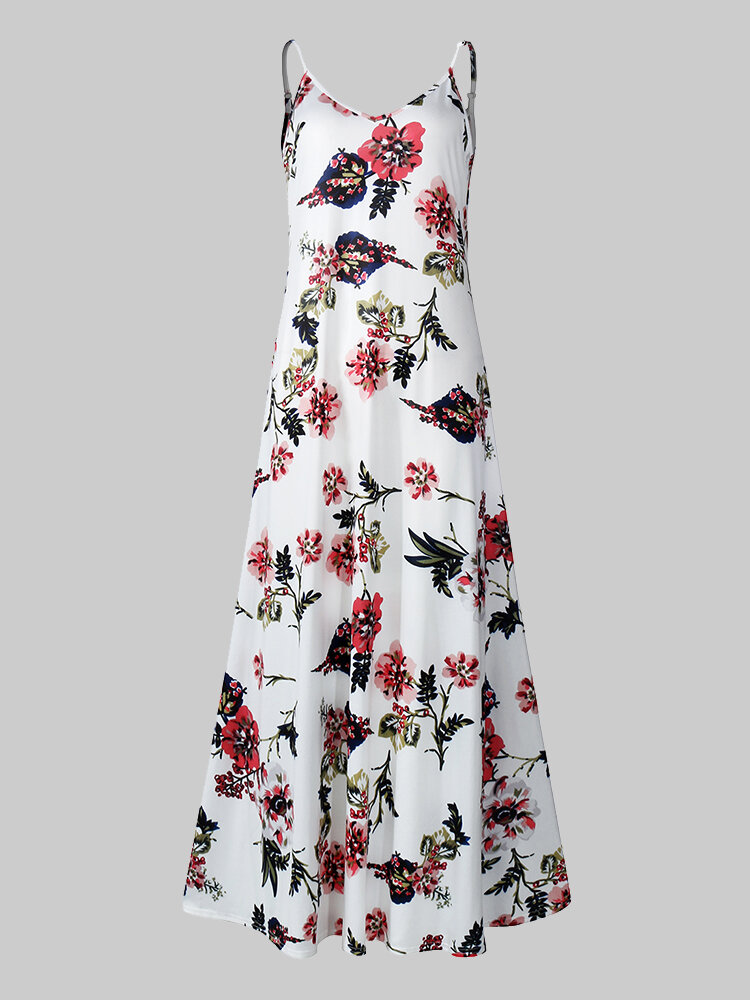 Floral Print Spaghetti Straps V-neck Sleeveless Maxi Dress