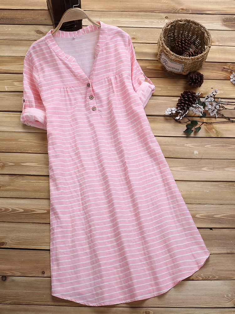 Loose 3/4 Sleeve Stripe Buttons V-neck Casual Dresses