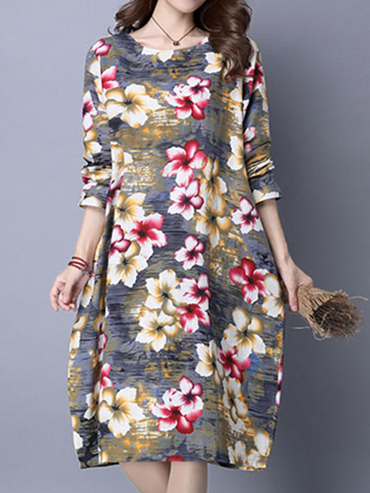 Vintage Floral Print Loose O-neck Long Sleeve Women Dress