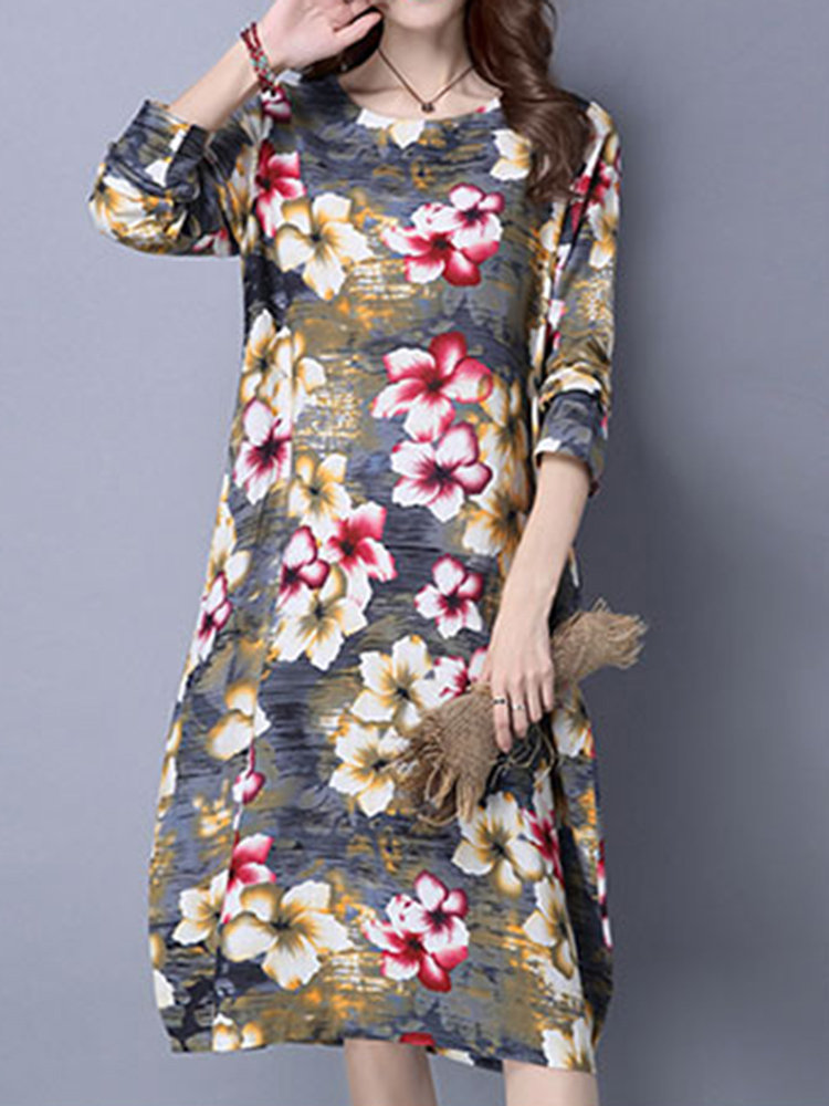 Vintage Floral Print Loose O-neck Long Sleeve Women Dress