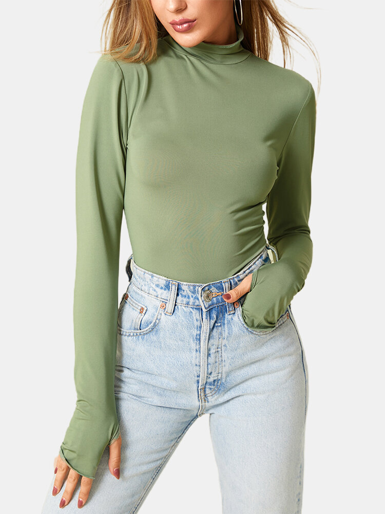 Women Solid Color Long Sleeve High Neck Casual T-Shirt