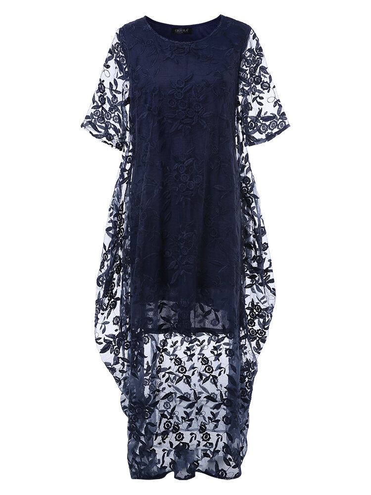 Lace Hollow Solid Color Half Sleeve Vintage Dress