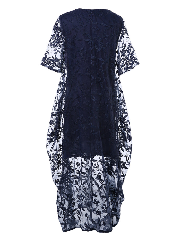 Lace Hollow Solid Color Half Sleeve Vintage Dress