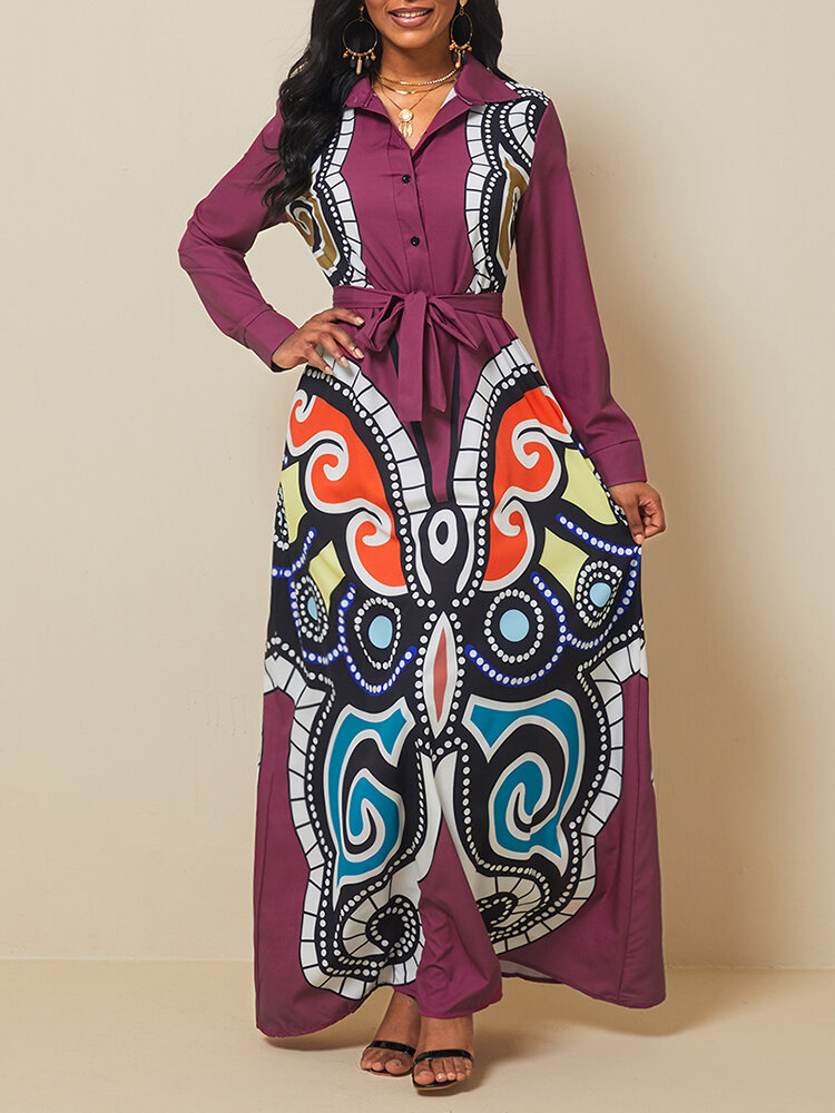 Vintage Ethnic Printed Lapel Long Sleeve Belt Maxi Dress