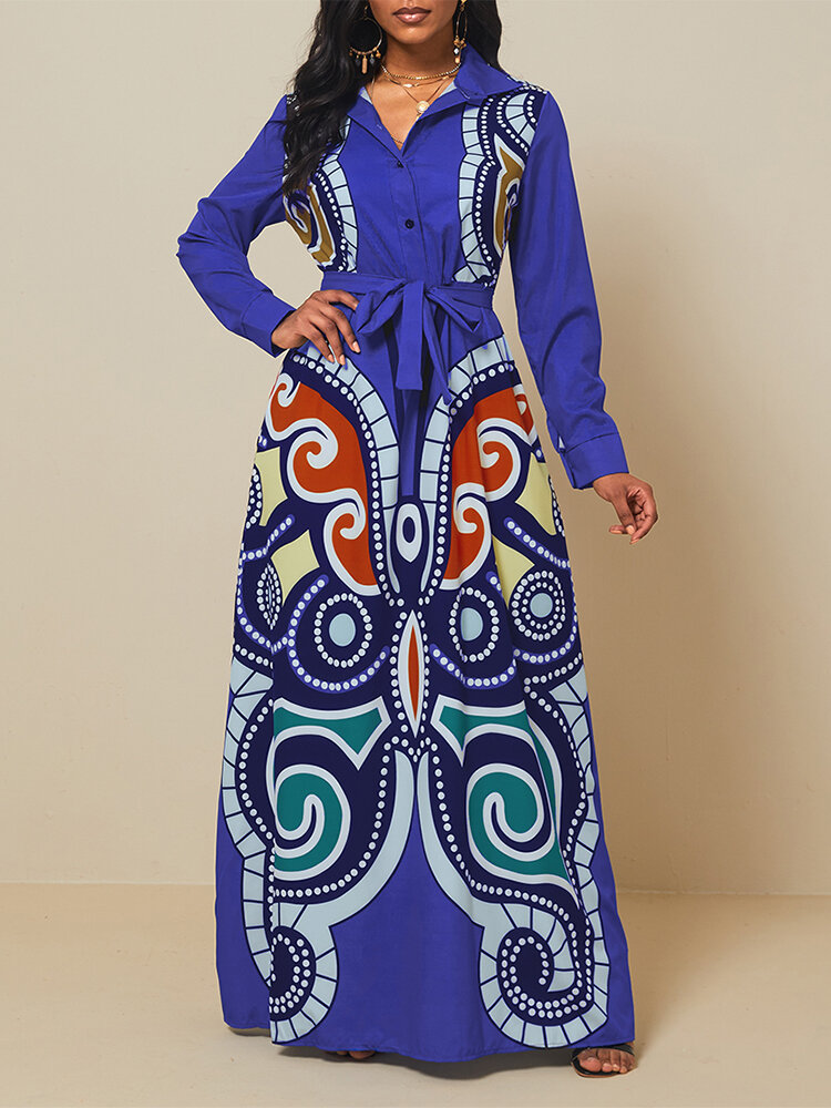 Vintage Ethnic Printed Lapel Long Sleeve Belt Maxi Dress