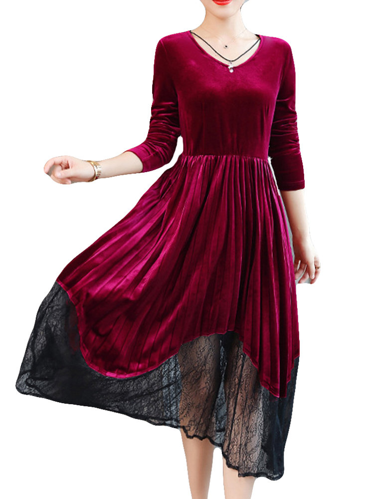 Lace Patchwork Velvet Solid Color Vintage Dress