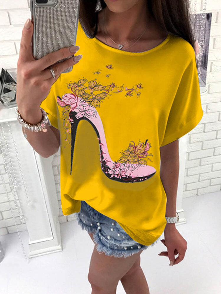 High Heels Flower Print Short Sleeves O-neck Casual T-shirt For Women