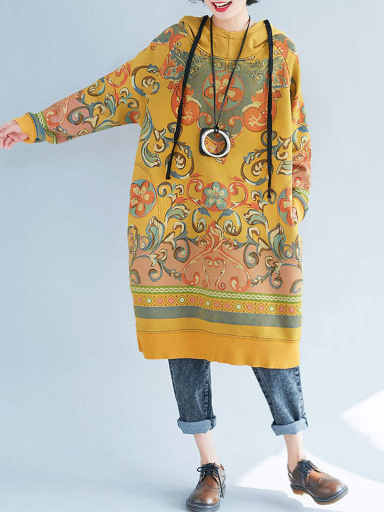 Hooded Folk Style Print Long Sleeve Vintage Women Dress
