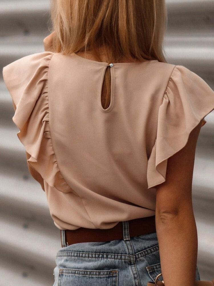 Solid Color Patchwork Round Collar Casual Ruffled Blouse For Women
