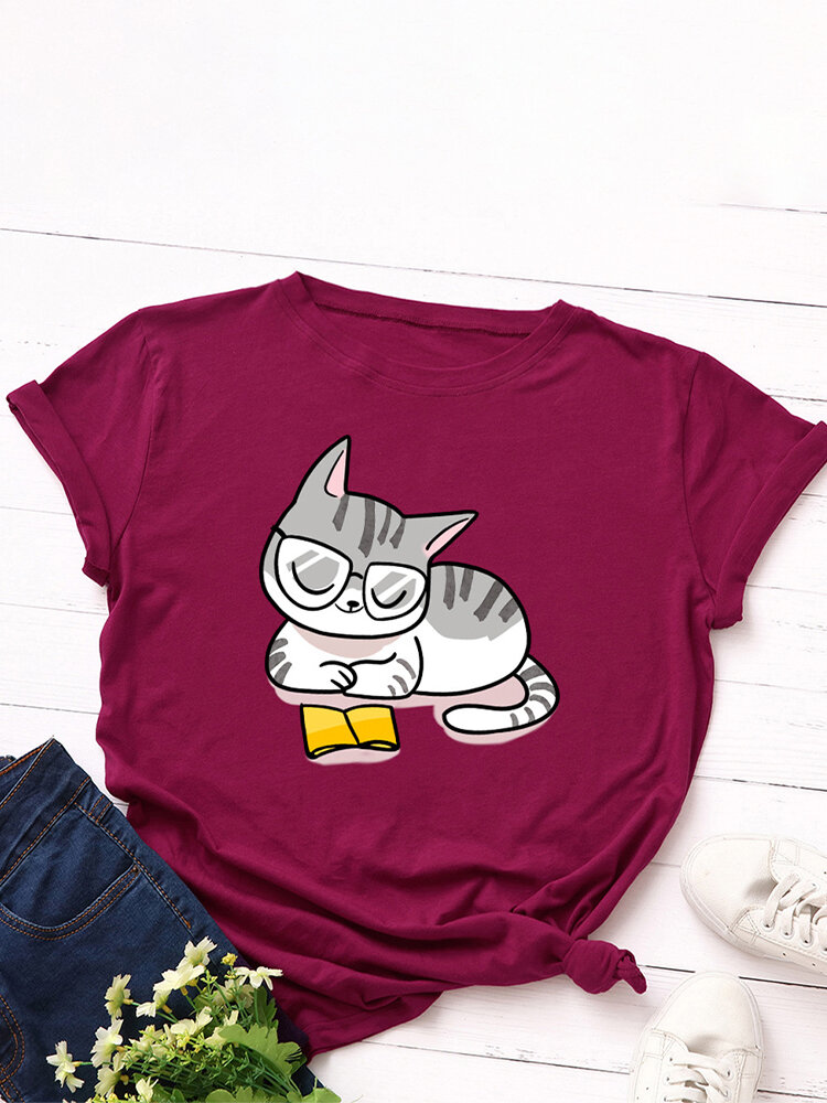 Cartoon Cat Printed O-neck Short Sleeve T-shirt