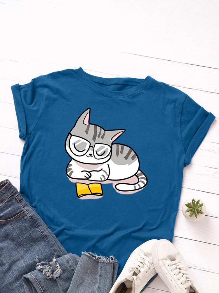 Cartoon Cat Printed O-neck Short Sleeve T-shirt