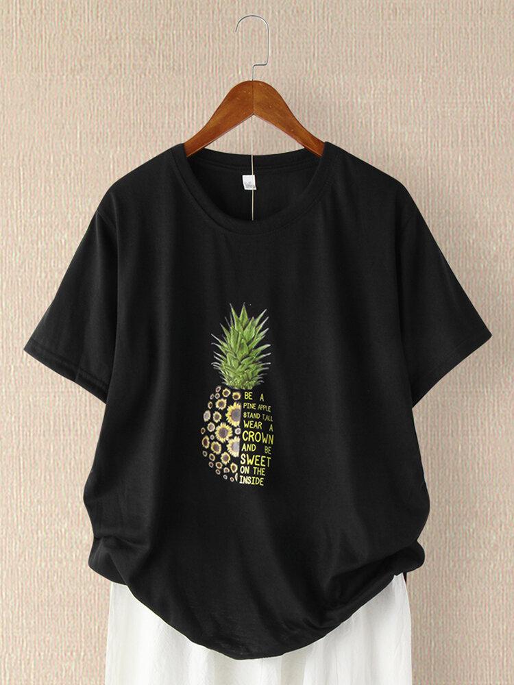 Pineapple Sunflower Printed Letters O-neck Short Sleeve T-shirt