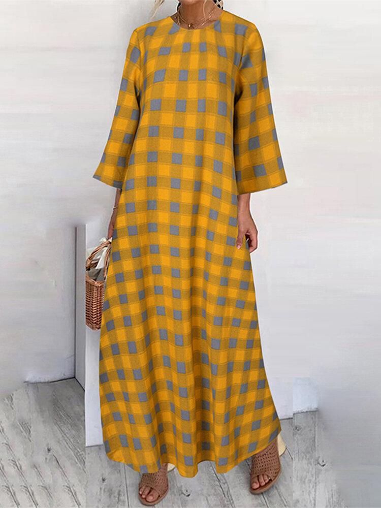Vintage Plaid Print Long Sleeves O-neck Casual Dress For Women