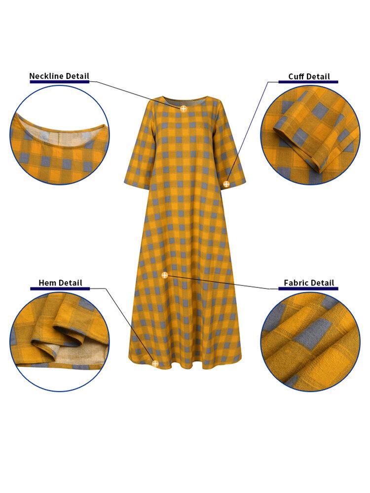 Vintage Plaid Print Long Sleeves O-neck Casual Dress For Women