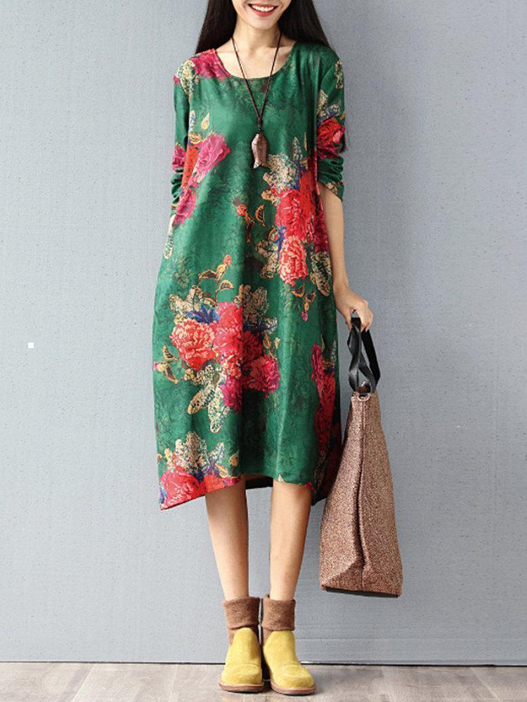 Vintage Loose Floral Printed O-neck Long Sleeve Women Dresses