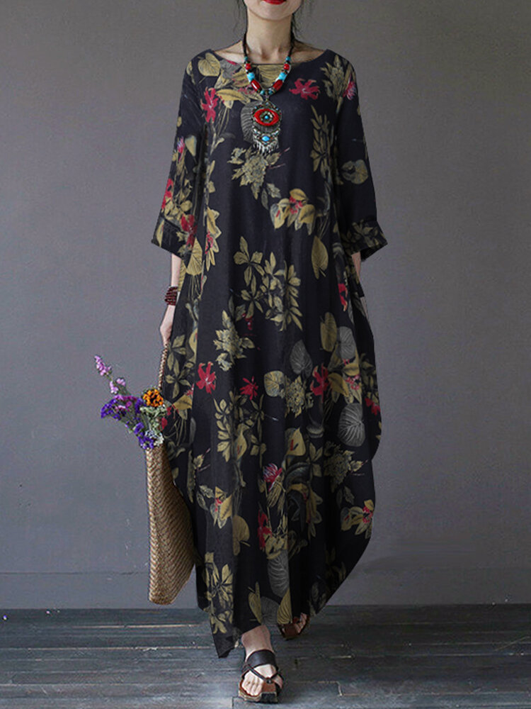 Floral Print Side Pockets O-neck 3/4 Sleeve Cotton Dress