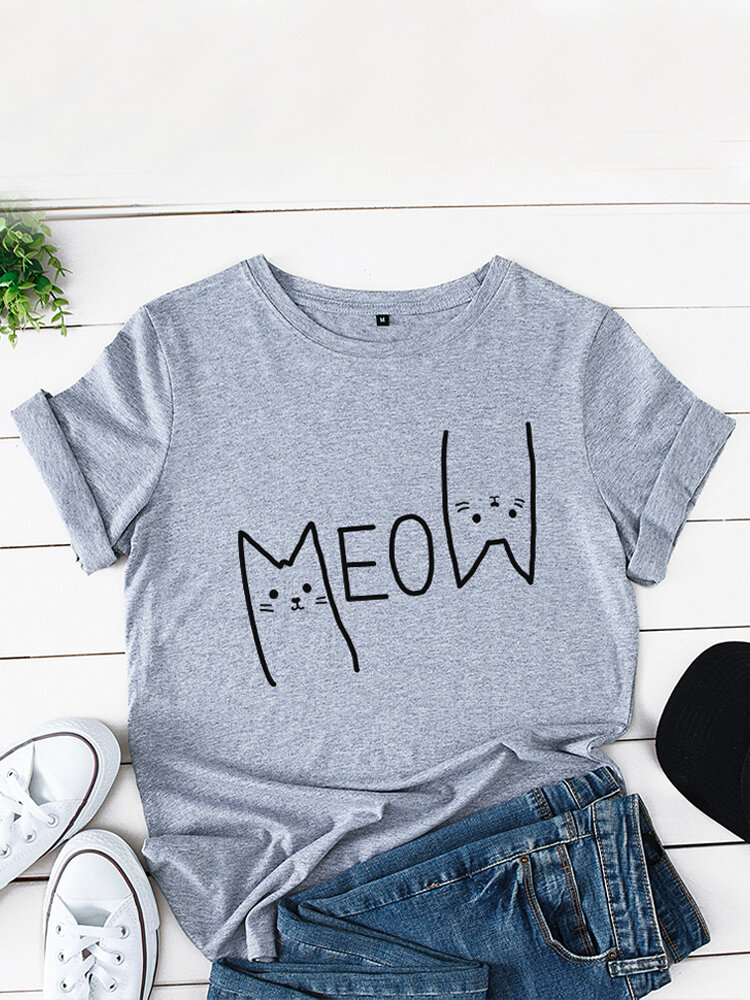 Cartoon Cat Printed Short Sleeve O-neck Casual T-shirt for Women