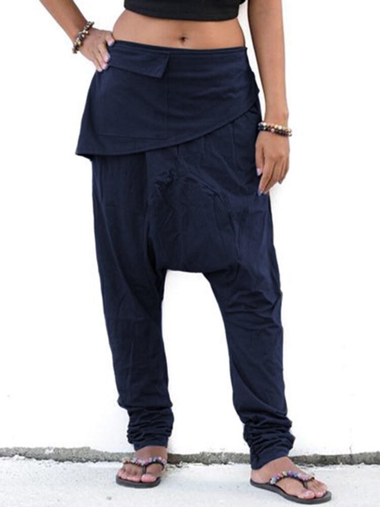 Solid Color Layered Pockets Casual Harem Pants For Women