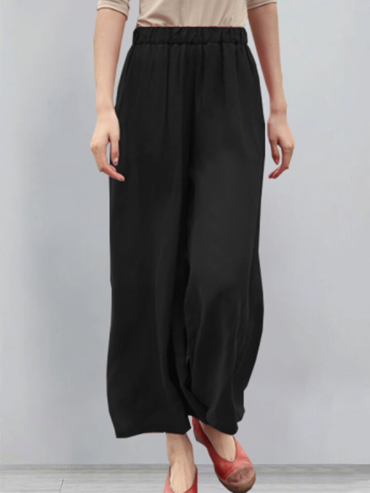 Casual Solid Color Elastic Waist Pants For Women