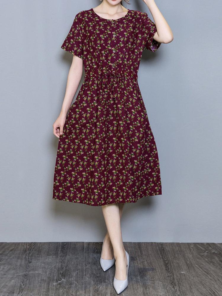 Casual Floral Print Pocket Short Sleeve O-neck Dress For Women