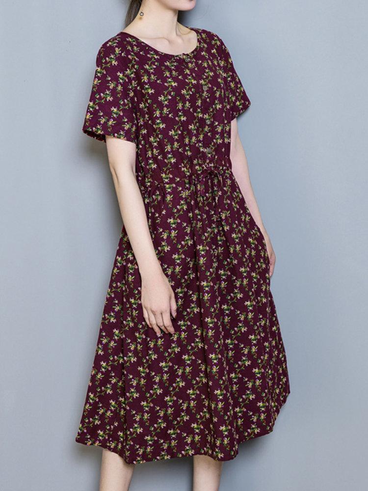 Casual Floral Print Pocket Short Sleeve O-neck Dress For Women