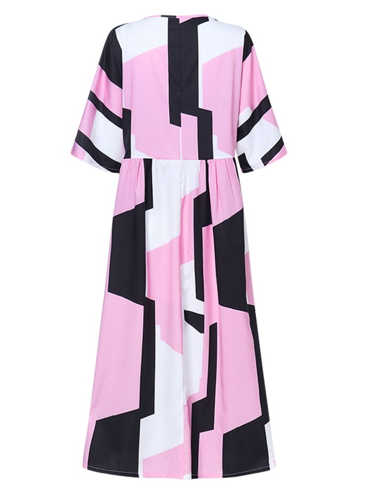 Contrast Color Geometric Print Half Sleeve Dress For Women