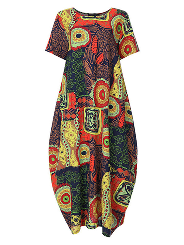 Crew Neck Folk Style Print Short Sleeve Vintage Dress For Women