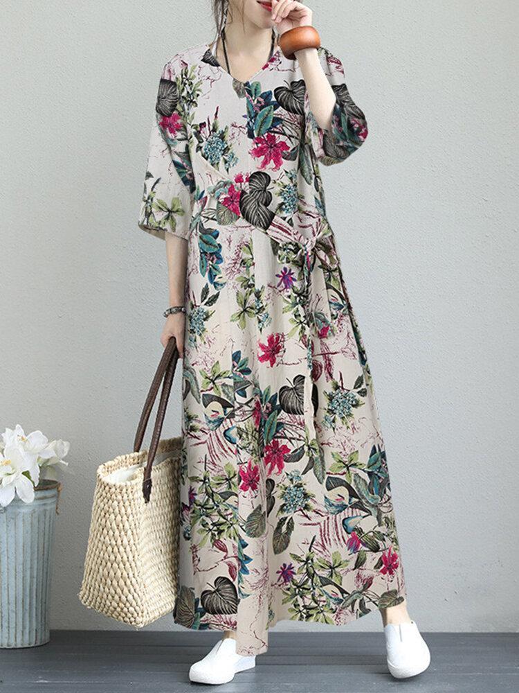Vintage Floral Print Half Sleeves V-neck Casual Dress For Women