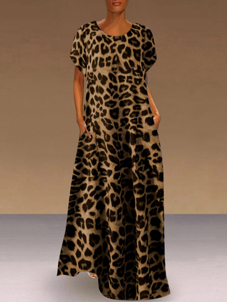 Leopard Print O-neck Short Sleeve Maxi Dress With Pocket