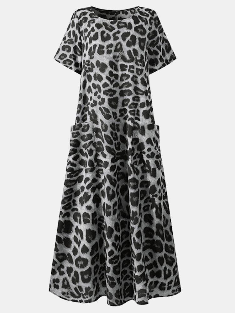 Leopard Print O-neck Short Sleeve Maxi Dress With Pocket