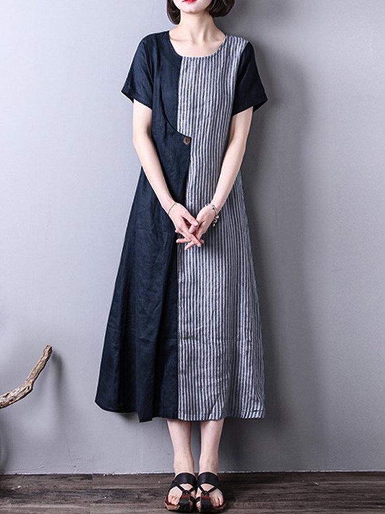 Stripe Patchwork Asymmetrical Short Sleeve Vintage Dresses
