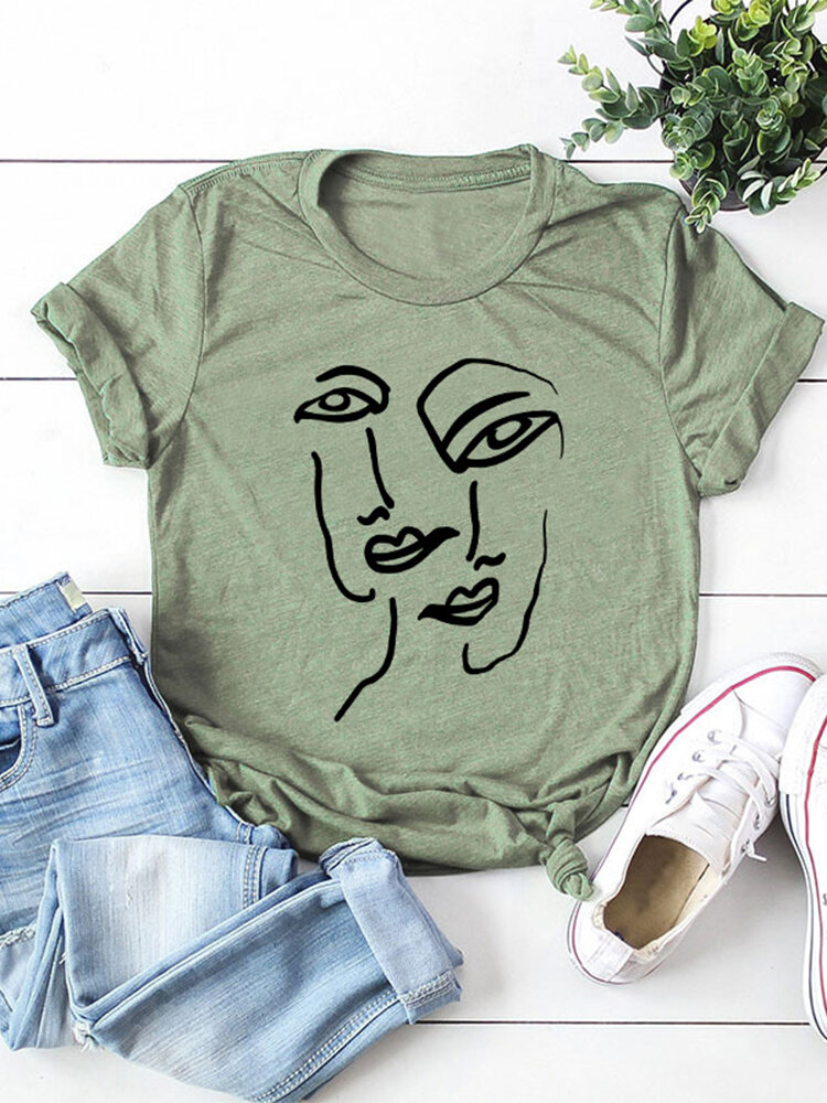 Cartoon Face Printed Short Sleeve O-neck Casual T-shirt for Women