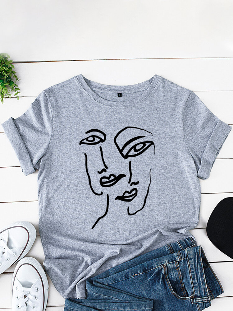 Cartoon Face Printed Short Sleeve O-neck Casual T-shirt for Women