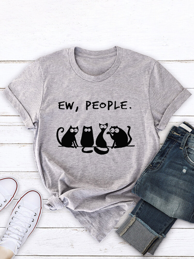 Women Cartoon Cat Print Short Sleeve Casual T-shirt