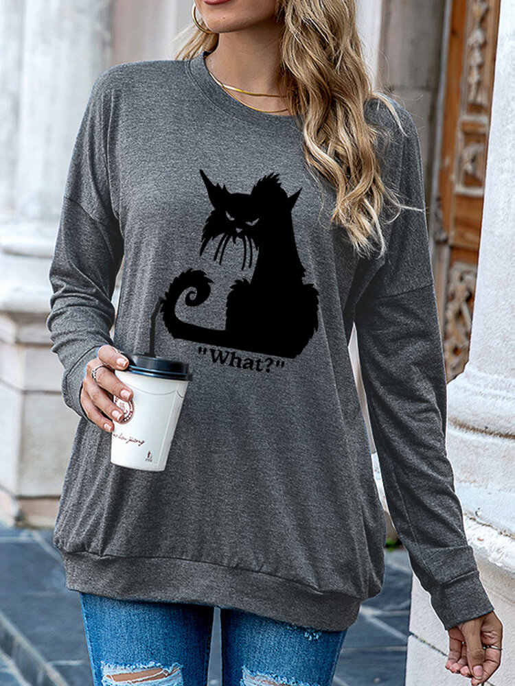 Cartoon Cat Printed O-neck Long Sleeve Pocket T-shirt