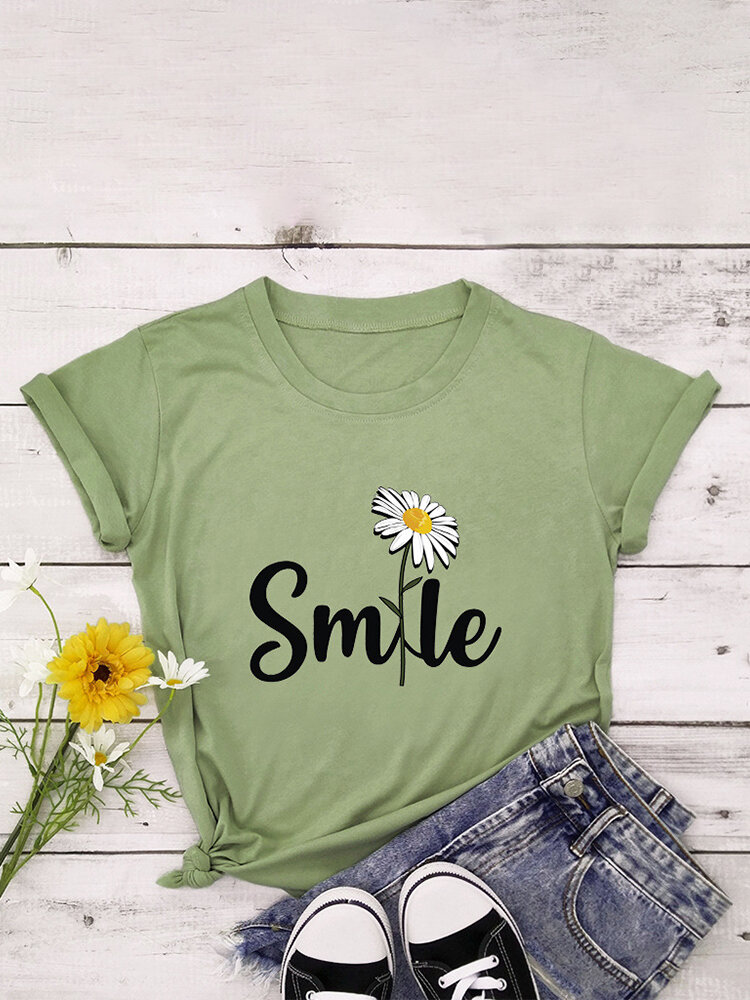 Letters Floral Printed O-neck Short Sleeve T-shirt